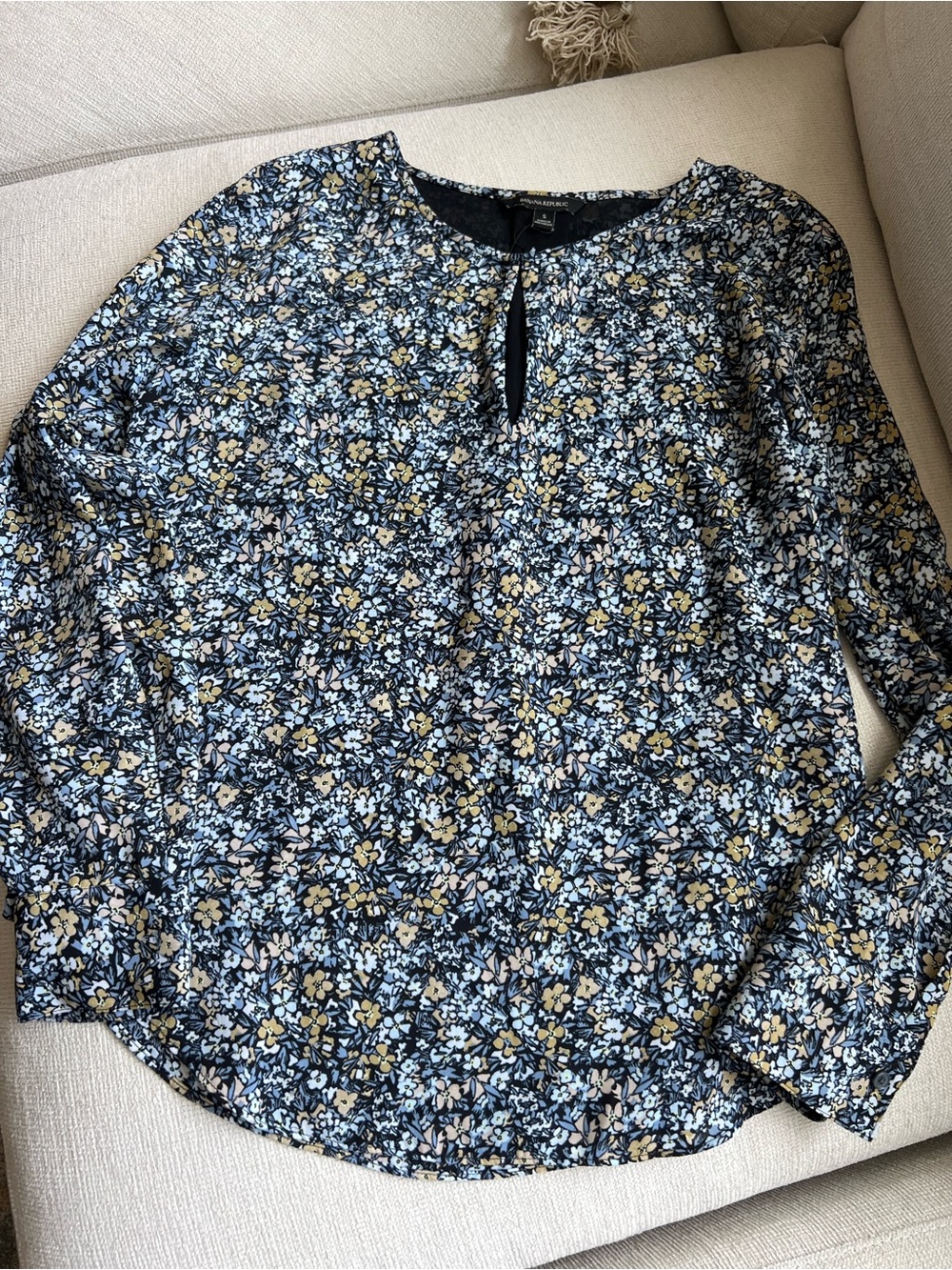 Banana Republic Navy Floral Keyhole Top with Yellow and Light Blue Print